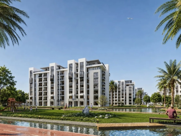 Chapters Residence R8 — Apartment buildings across the park and water feature