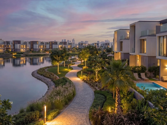 El Patio Jade — Lakeside walkway and villas at dusk
