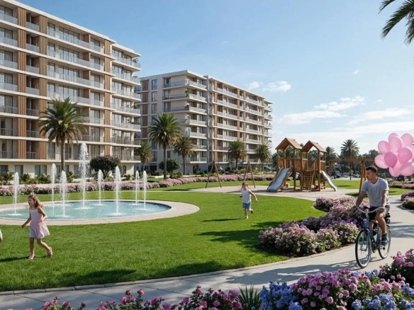 Village De La Capitale — Park with fountains and apartment buildings